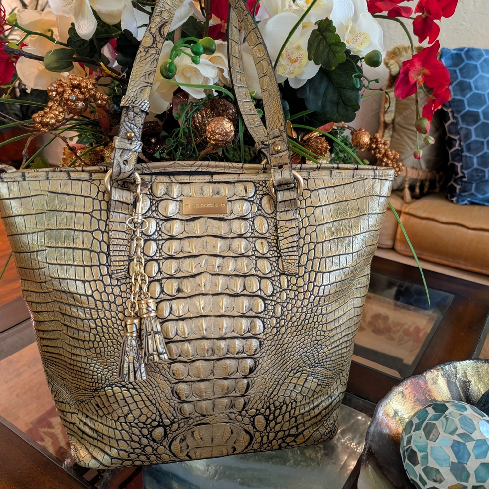 Brahmin Medium Asher Metallic Gold Crocodile Embossed Genuine Leather Tote